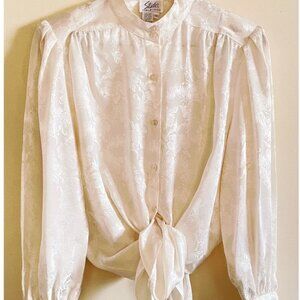 Vintage Ivory Floral Tonal Blouse 80s | Elegant Ivory Vintage Blouse